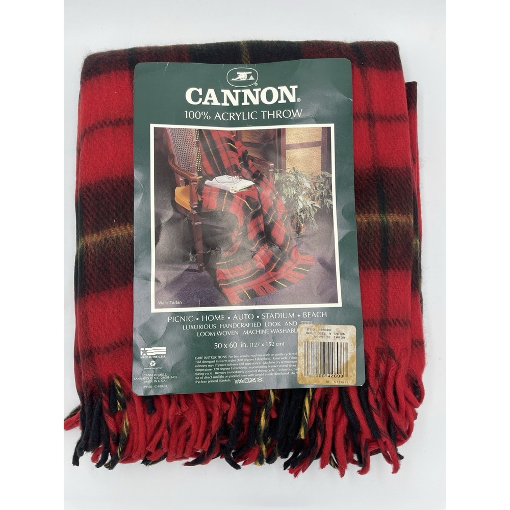 NOS Vtg Cannon Acrylic Fringed Red Plaid Stadium Throw Blanket‎ 50" x 60" New